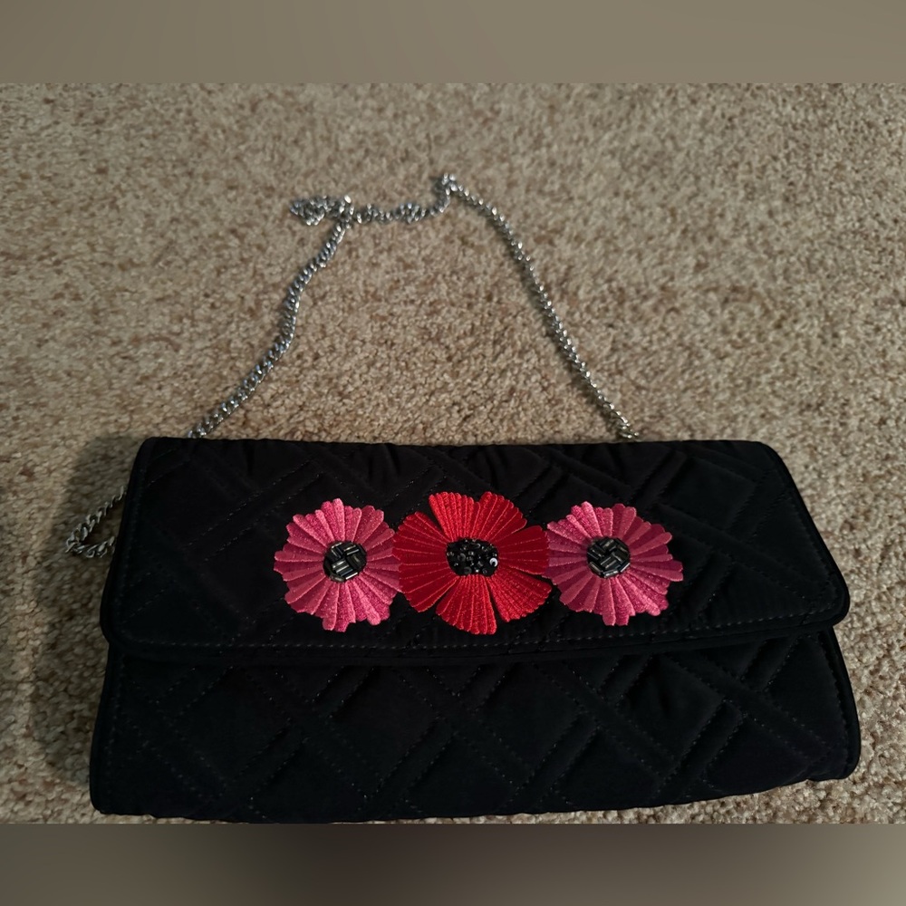 Vera Bradley clutch purse with beautiful red flowers…silver chain strap